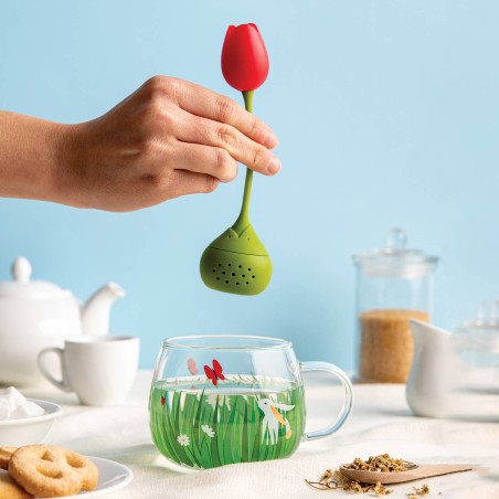 Une jolie tasse en verre et une boule a thé en forme de tupile